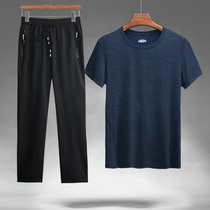 Ice Silk Speed Dry Short Sleeve T-shirt Men Middle-aged Fathers Summer Loose Casual Sports Dad Loaded Suit Two Sets