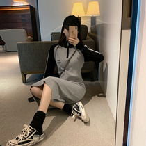 Half high neck zipper long sleeve knitted dress women autumn 2021 Korean version of new long knee sweater long skirt