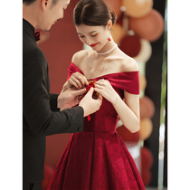 Satin Toast To Bridal Woman Wedding Senior Sensation Slim-Shoulder Wine Red Color Temperament Engagement Evening Gown summer