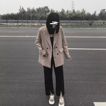 Suit pants womens 2021 autumn and winter straight tube loose slim slim split high waist hanging feeling mop floor casual wide leg pants