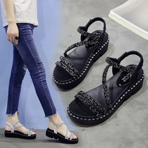 Korean fashion rhinestone sequins elastic sandals womens new summer 2020 Joker thick-soled non-slip Roman shoes