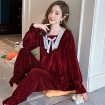  Pajamas womens long-sleeved spring and autumn and winter gold velvet sweet and cute lace warm home clothes set can be worn outside winter