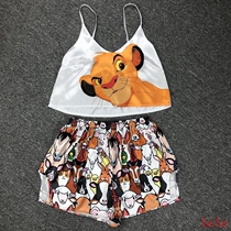 Sexy cartoon printed pajamas suit female real silk fabric