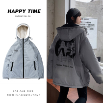 Two-sided lamb wool cotton-padded clothes retro size womens fat mm student reflective hip-hop plus velvet padded cotton jacket