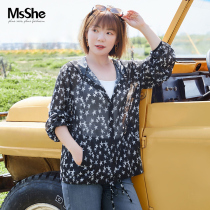 (Sunscreen shirt) MsShe plus size womens clothing 2021 new fat mm summer print hooded chiffon blouse