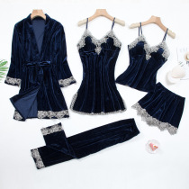 Sleepwear Spring Autumn Style Women Gold Velvet Sexy Lace Harnesses Sleeping Robes Five Sets Autumn Winter Long Sleeves With Chest Cushion Home Clothing