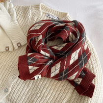 Warm Inn Wind retro Diamond-shaped Grid Scarves women Winter 100 hitch student Couple wool knit Knitted Scarf Japan