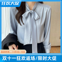 JOLIMENT blue chiffon shirt womens bow ribbon 2022 autumn new loose and thin long-sleeved top