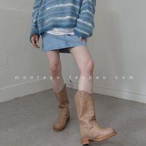 South Koreas Dongdaemun ins blogger with the same personality niche round head thick heel boots womens mid-tube western cowboy boots