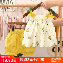 Girls summer suit 2021 new childrens clothing Korean version of foreign style Cherry sling shorts female baby fashionable two-piece set
