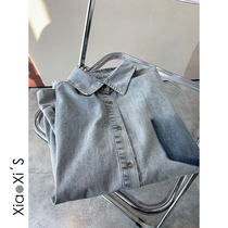Xiao Xi home) pocket color denim shirt female 2021 spring new Korean bf long sleeve loose blue top