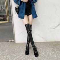 Genuine leather elastic boots small children over kneecap boots children bright face lacquered leather boots with square head damp in knight boots