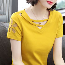 (95% cotton) short sleeve T-shirt female pure color hollowed-out V collar blouse 2022 new Korean version big code Lower 100 hitch