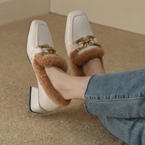 Mao shoes womens autumn and winter wear 2021 new explosive Joker leather plus velvet warm thick middle heel square head single shoes