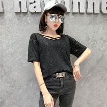 Europe and the United States tide brand 2021 summer new shiny short sleeve T-shirt female Hong Kong wind loose slim half sleeve neck coat