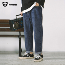 Panda this autumn and winter new jeans men pure cotton washed retro tide brand straight loose black casual pants