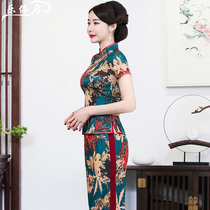Modified fashion Cheongsam suit Summer short-sleeved suit Tang dress top Chinese retro mom dress wedding dress large size