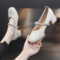 High Heel Shoes Woman Fat Foot Wide Fashion Paint Leather Coarse Heel Round Water Drill Single Shoes 2022 New Summer Mary Precious Women Shoes