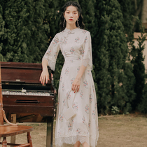 Cheongsam modified floral dress womens summer 2021 New Mori Super fairy skirt gentle wind long skirt