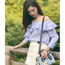 TUXEE Jiang alienated blue open-shoulder snow-spinning shirt with long sleeves loose foreign air Xiaojersey blouse No foul