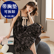 Sexy suspender nightdress women with chest pad cotton summer fat mm200 catties plus fertilizer plus size loose pajamas long