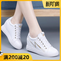  White shoes womens 2021 spring inner height-increasing leather Korean version of the wild thick-soled wedge heel thin travel shoes casual single shoes