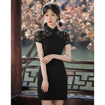 Black little cheongsam 2021 new young girl Summer short daily lace improved dress