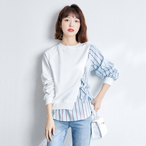 Fake two-piece sweatshirt womens autumn 2021 new round neck foreign style jacket loose pullover shirt temperament womens tide