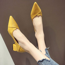 Female Shoes Summer 2022 New Coarse Heel Single Shoes Female Pointed Shallow Mouth Heel Fashion 100 Hitch Genuine Leather Soft-bottom Shoes Children