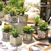 Vintage Mediterranean painted coarse ceramic square cement Small Fleshy Flower Desktop pot plant platter hot sale