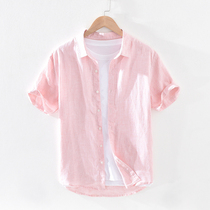 Summer pure linen short sleeve shirt mens cotton linen pink shirt breathable fresh trend handsome clothes