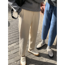 EKOOL high waist thin wide leg knitted casual pants womens autumn and winter Korean version elastic waist belt loose straight trousers