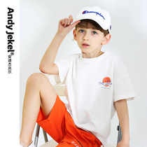 (Summer New) Boy Short Sleeve T-Shirt Pure Cotton Child Half Sleeve Compassionate Tide CUHK Child Foreign Air Child Clothing 2022