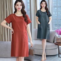 Middle-aged womens short-sleeved round neck solid color mom dress loose thin plus size skirt dress womens summer 2019