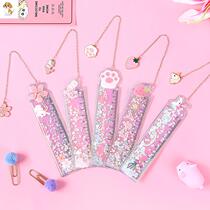 Creative Card Accessed Oil Flow Sand Ruler Cute Drawing Ruler Student Stationery Girl Heart Pendant Bookmark Graduated Scale