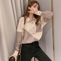 Shirt womens 2021 spring and autumn new loose student retro plaid stitching shirt long-sleeved top design sense niche