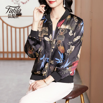 Middle-aged mother printed silk jacket womens short spring and autumn new long-sleeved jacket baseball uniform womens large size all-match