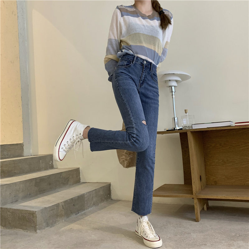 Real shot Real Price vintage Hong Kong Style High Waisted skinny elastic raw edge jeans