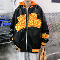 Spring and autumn mens puleather jacket loose print hooded baseball uniform Tide brand ins Korean fried street couple jacket