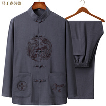 China Wind Linen Dress Mens middle-aged and elderly Spring and autumn models Dad clothes Chinese standout collar Long sleeves Grandpa Clothes