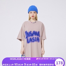 INSNLASIA original smudged letters short-sleeved tide brand men and women retro hip-hop couple summer T-shirt