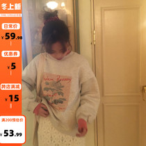 The smallest sea new 2021 Winter long sleeve plus velvet top print commuter round neck Korean version of gentle wind sweater women