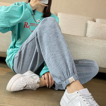 Grey sports pants woman 2022 new loose slim width leg pants 100 lap draw rope casual bunches kharenwear pants