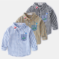 Western embroidery childrens shirt Pure cotton thin section baby plaid top Autumn new childrens clothing boys shirt long sleeve