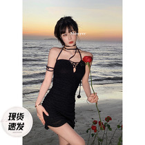 Aunt Barbie black harness dress with dress female hanging neck 2022 Summer new design Feel Smeared Sexy Bag Hip Skirt
