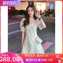 French gentle style dress 2021 summer New temperament waist thin bubble sleeve fairy flower A- line dress