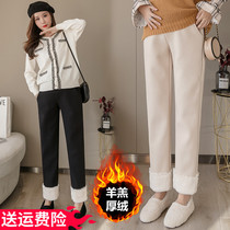 Pregnant womens pants autumn and winter woolen pants winter wear plus velvet padded lamb velvet straight pants winter pants