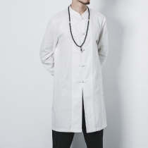 Chinese style retro mens clothing Medium long linen stand-up collar shirt Tang cloak coat jacket Chinese Hanfu lay suit