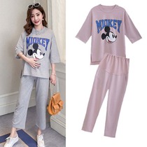 Pregnant womens suit spring fashion two-piece maternity summer cotton seven-point sleeve T-shirt large size casual pants