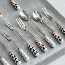 Blue Lotus Nordic triangle pattern 304 stainless steel coffee spoon fruit fork tea spoon mixing spoon ceramic handle